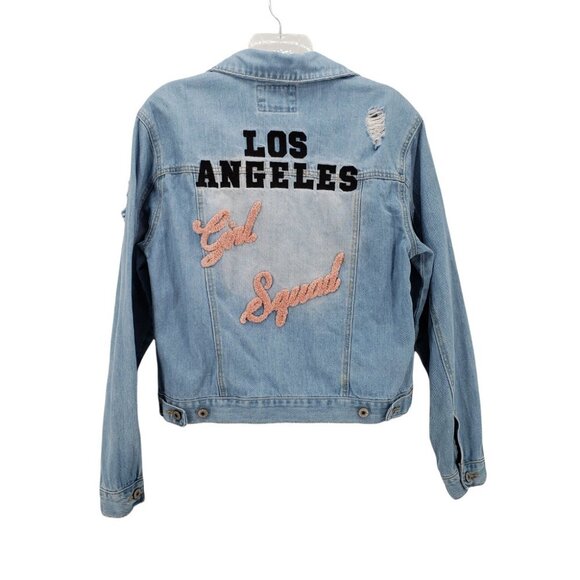 FOREVER 21 Distressed "Girl Squad" Los Angeles Denim Jacket M Light Wash Trucker - Picture 5 of 11